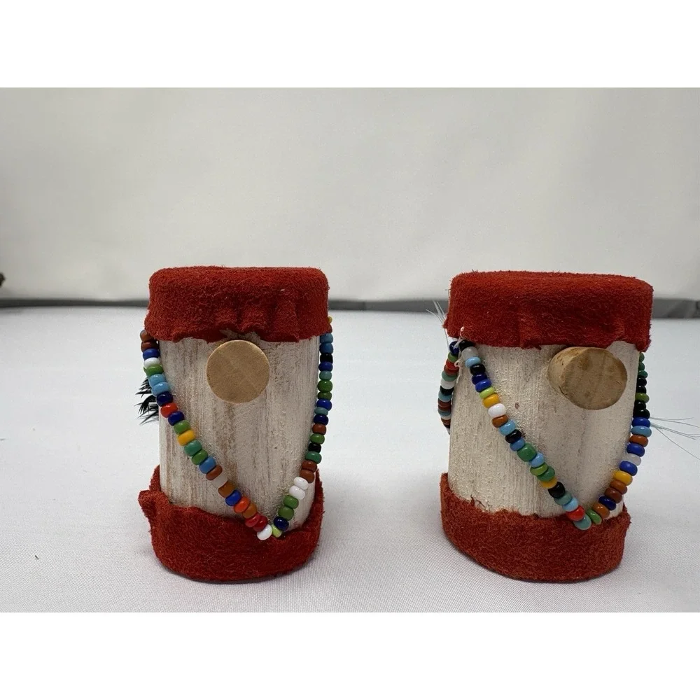Vintage  Indian Drums Salt & Pepper Wood Rawhide beading